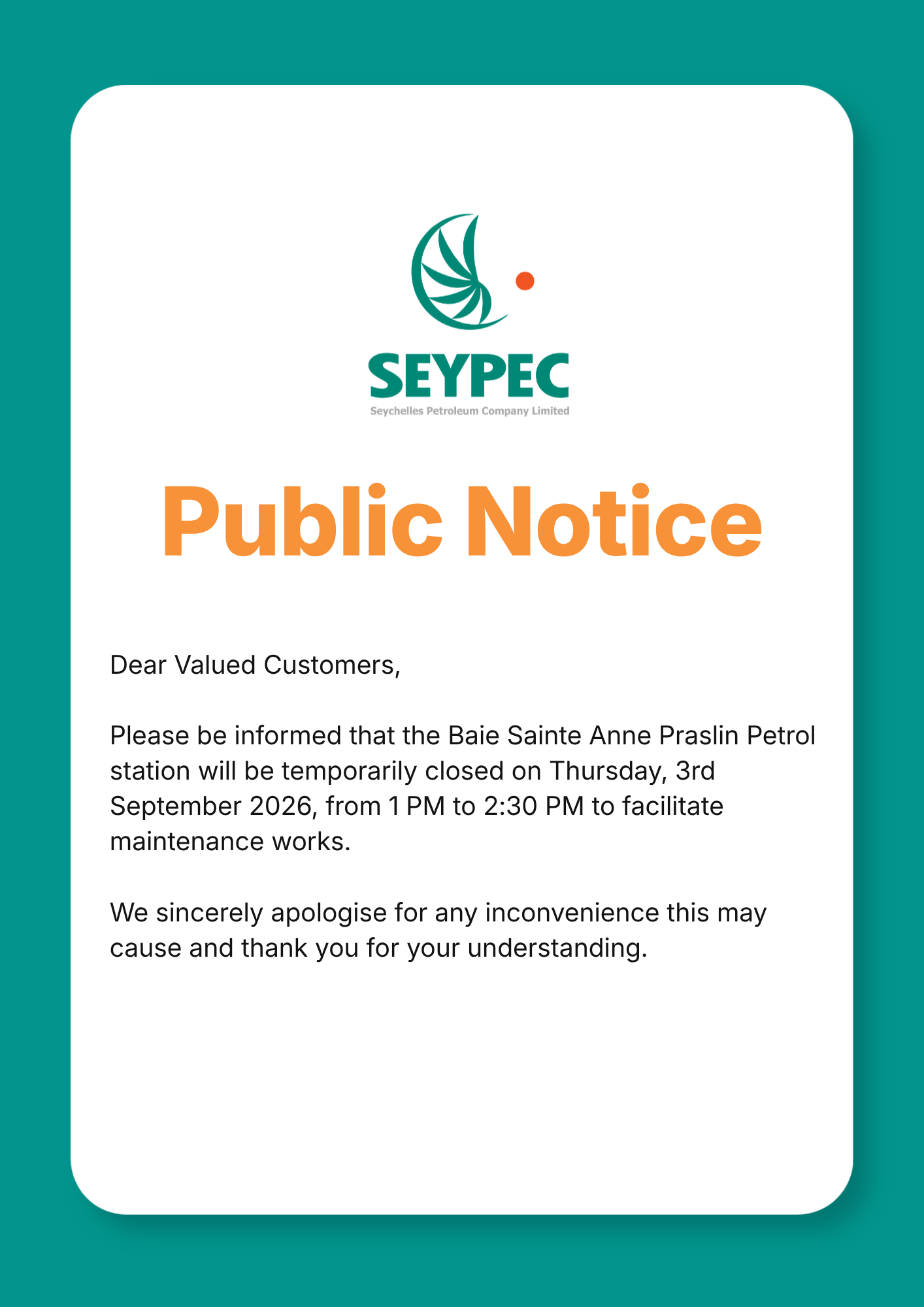 Baie Sainte Anne Praslin Service Station Temporary Closure