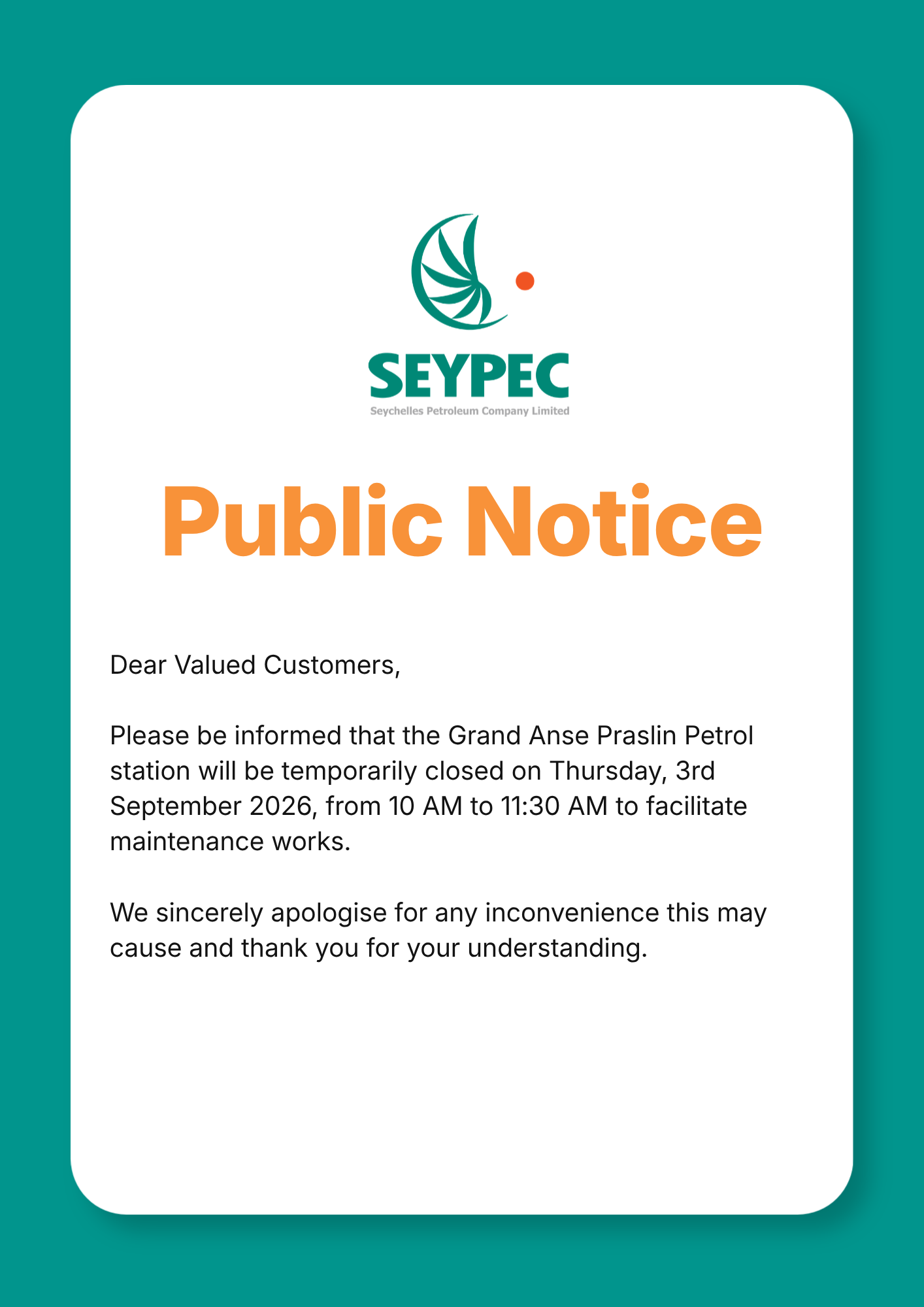 Grand Anse Praslin Service Station Temporary Closure